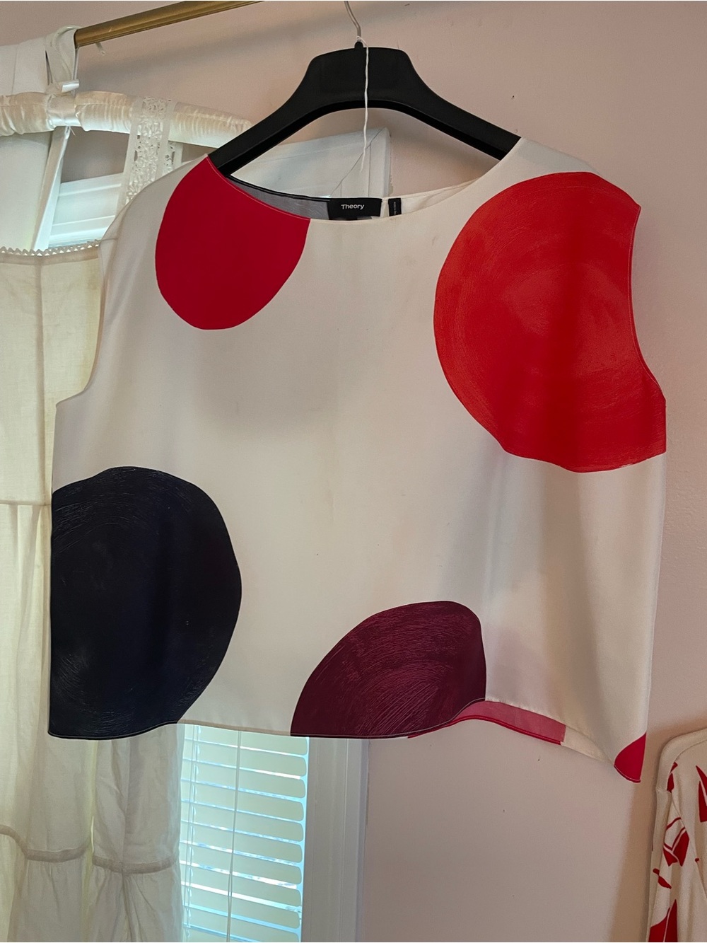 Theory White Silk Sleeveless Top with Red and Navy Polka Circles